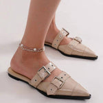Beast Fashion - Women's Double Buckle Strap Pointed Toe Flat Mules