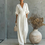 Waist-cinched V-neck Womens Jumpsuit