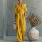 Waist-cinched V-neck Womens Jumpsuit